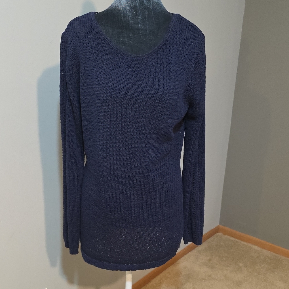 Rachel Zoe Navy Blue Open‎ Knit Crewneck Sweater Size L Cotton Blend